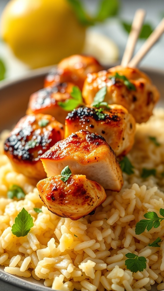 Greek Chicken Skewers with Lemon Rice