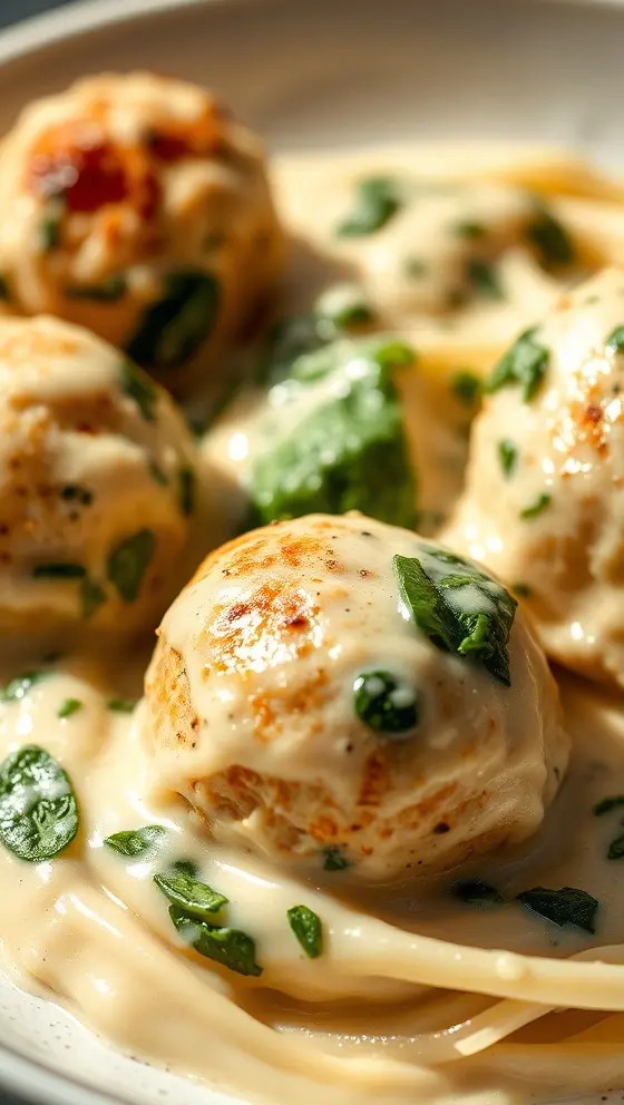 Chicken Ricotta Meatballs with Spinach Alfredo